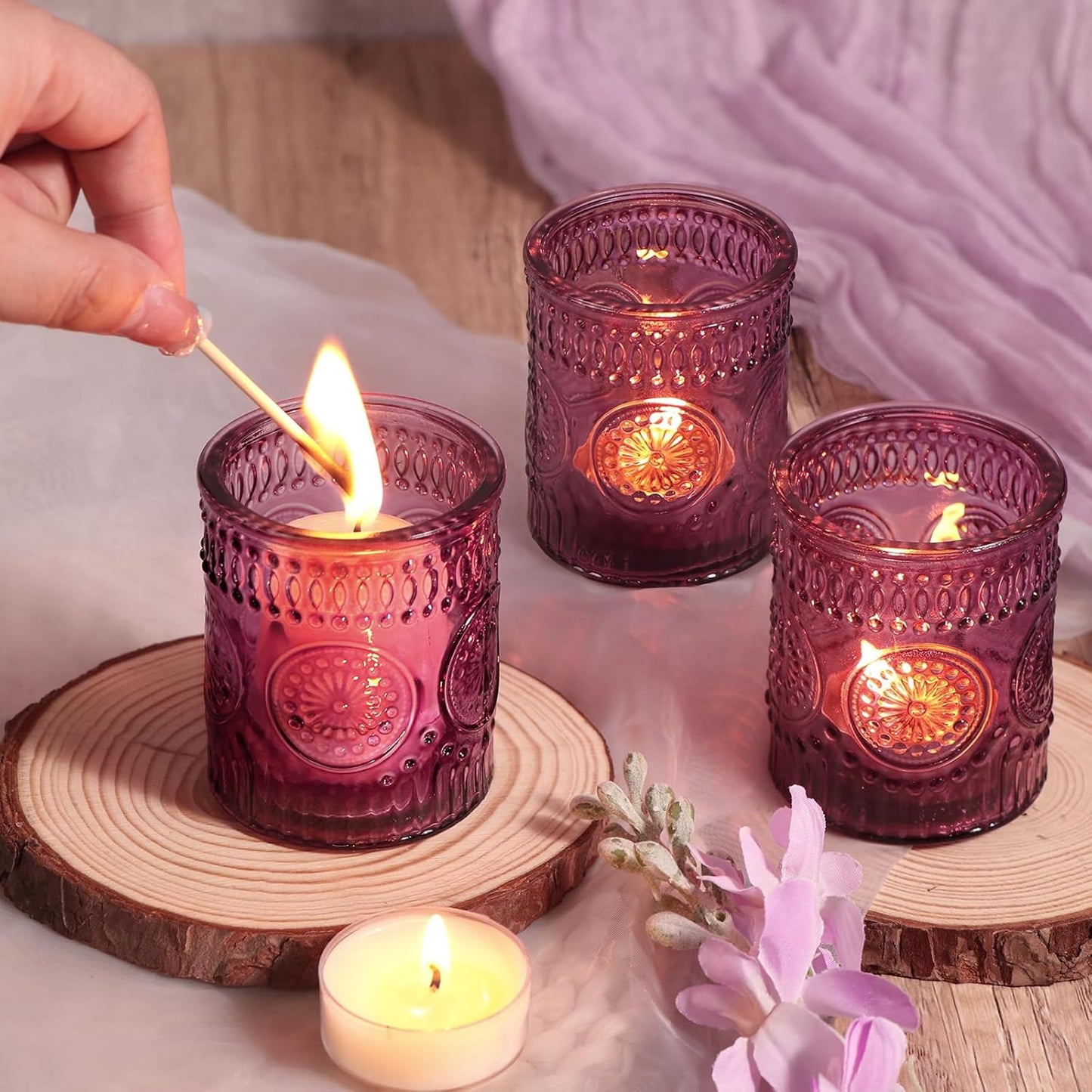 DARJEN Purple Votive Candle Holders Set of 36- Glass Tea Light Candles for Purple Candles, Embossed Candle Votives for Wedding Table Centerpiece, Party & Home Decor