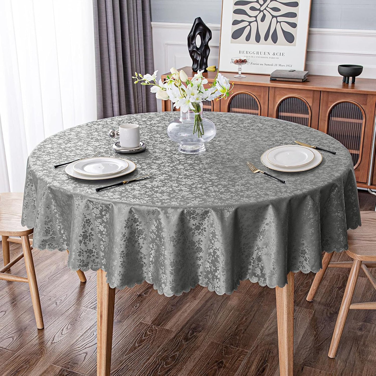 Smiry Round Table Cloth, Waterproof Heavy Duty Vinyl Tablecloths, Wipeable Washable Table Cover for Kitchen and Dining Room (Grey, 60" Round)