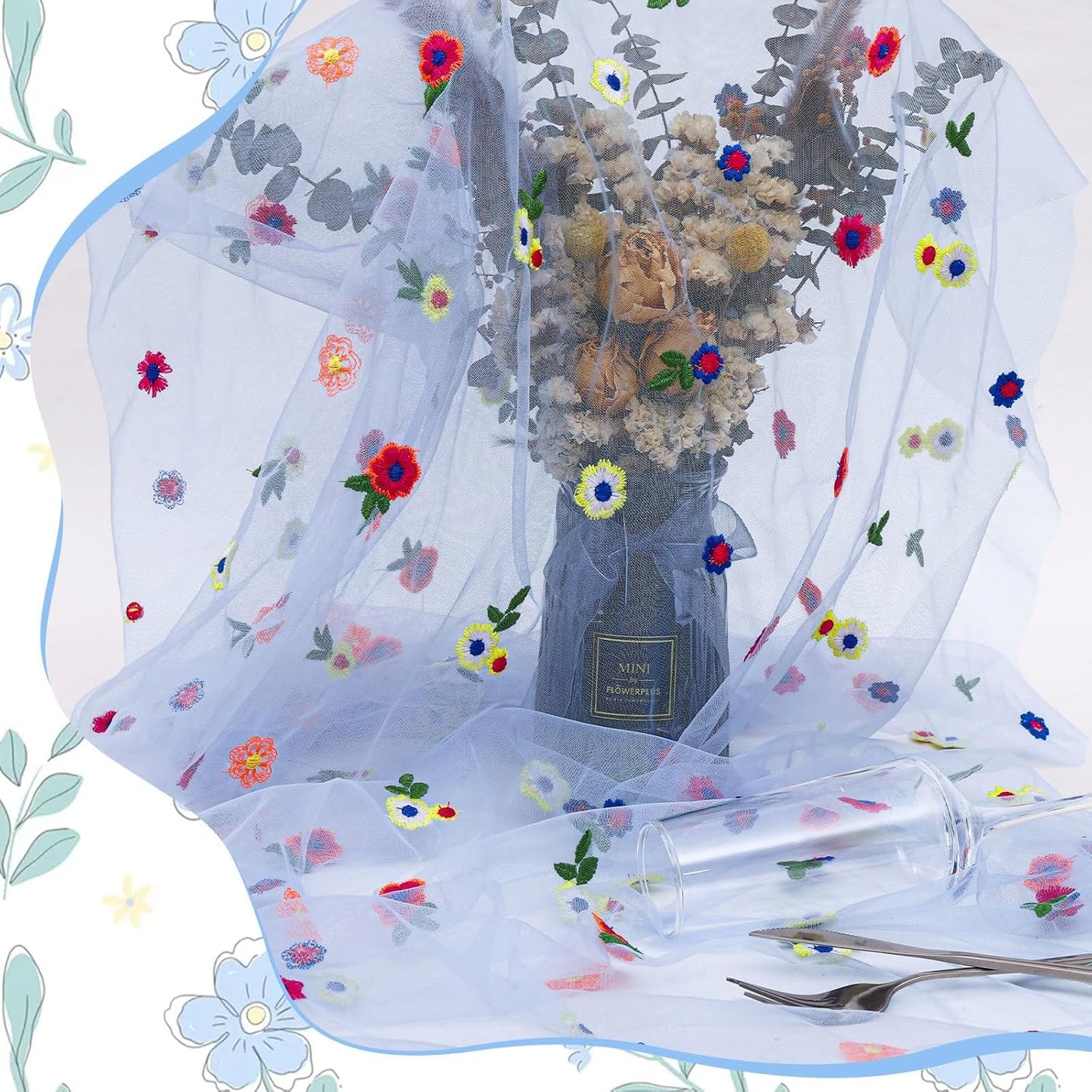 BINBE 6pcs Daisy Fall Table Runner Embroidery Gauze 10FT Florals Seasonal Tulle Holiday Birthday Kitchen Dining Table Decor for Home Party Blue