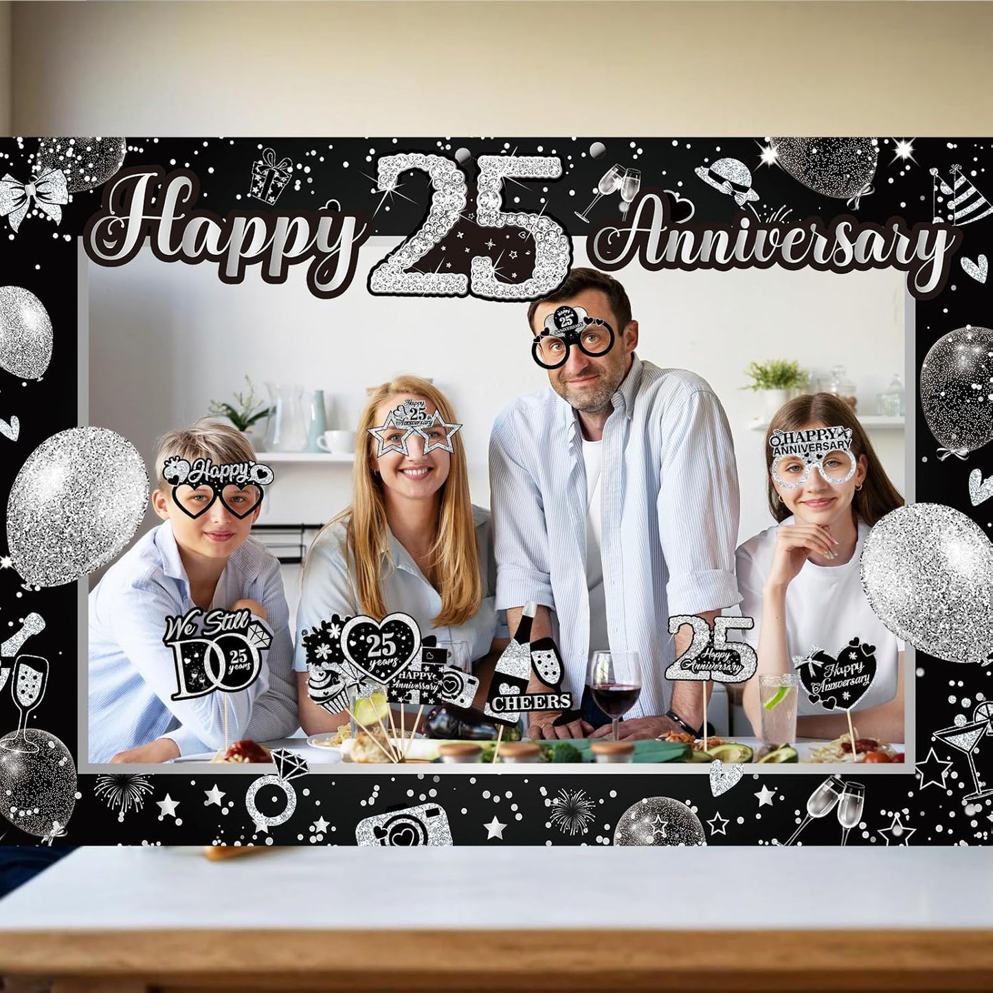 25th Wedding Anniversary Decorations Black Sliver 25th Wedding Anniversary Party Photo Booth Props and Selfie Frame Silver Happy 25 Years Anniversaries Party Supplies for Women Men Cheers to 25 Years