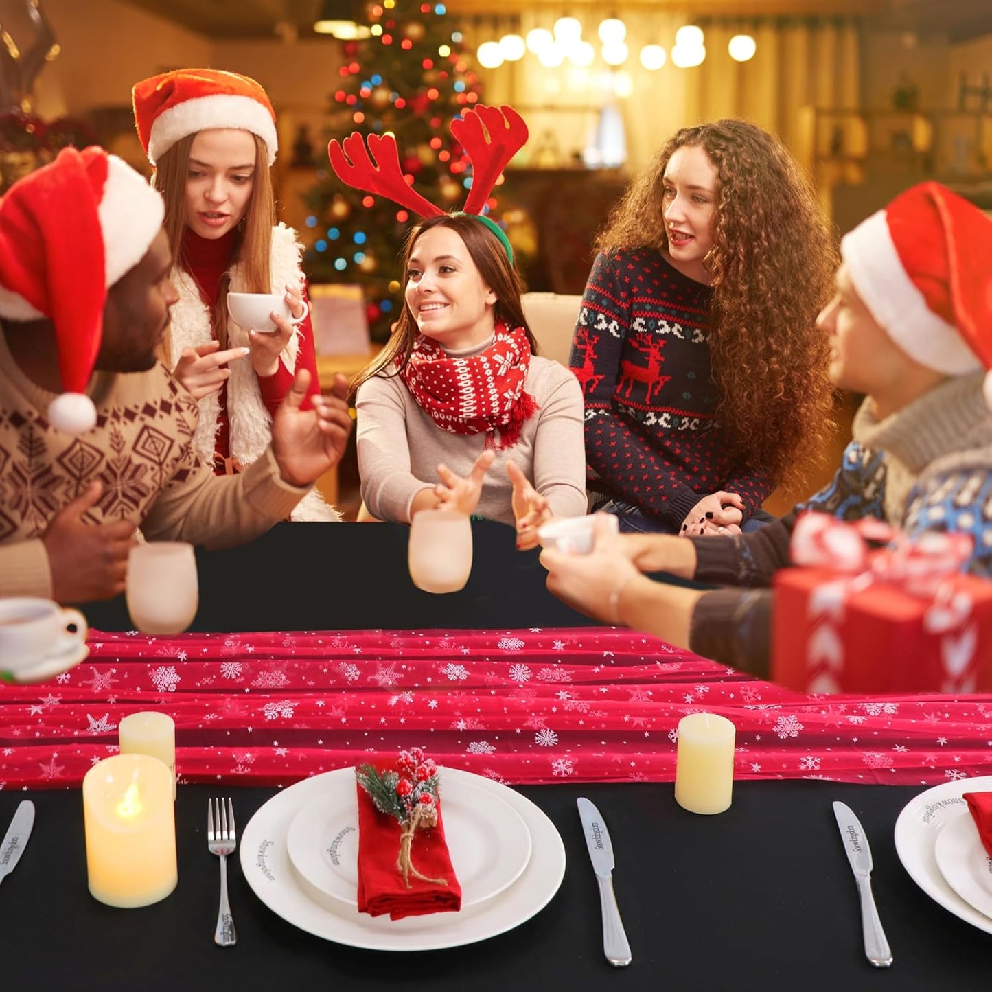 Snowkingdom Red Christmas Table Runner, Red and White Snowflakes Cheesecloth Table Runner, Chiffon Gauze Seasonal Winter Kitchen Dining Decorations for New Year Home Party Decor 120 Inch