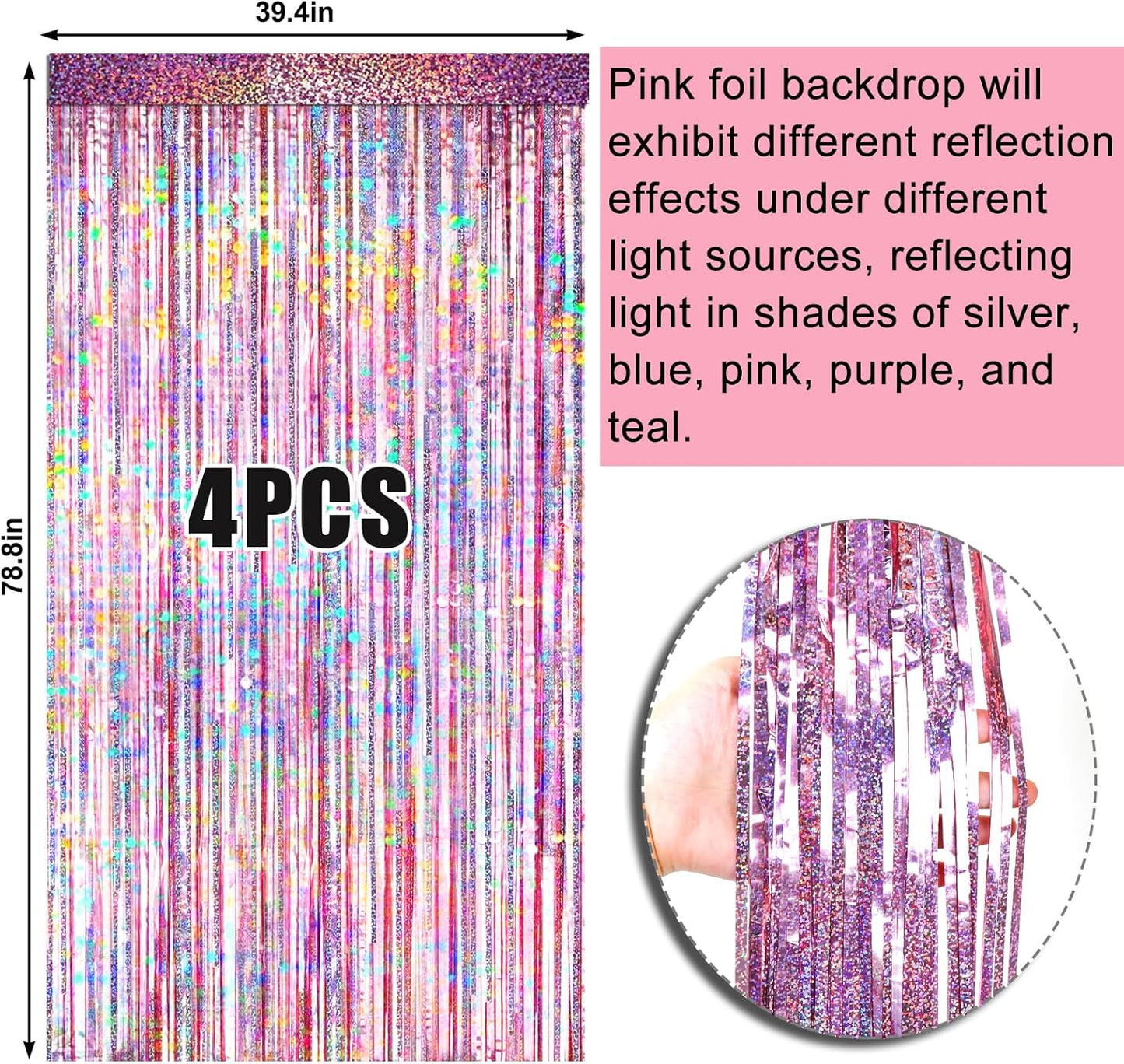 4 Packs Pink Foil Fringe Curtain, Pink Glitter Metallic Tinsel Backdrop for Birthday, Wedding, Baby Shower, Princess Bachelorette Cowgirl Party Decorations Supplies