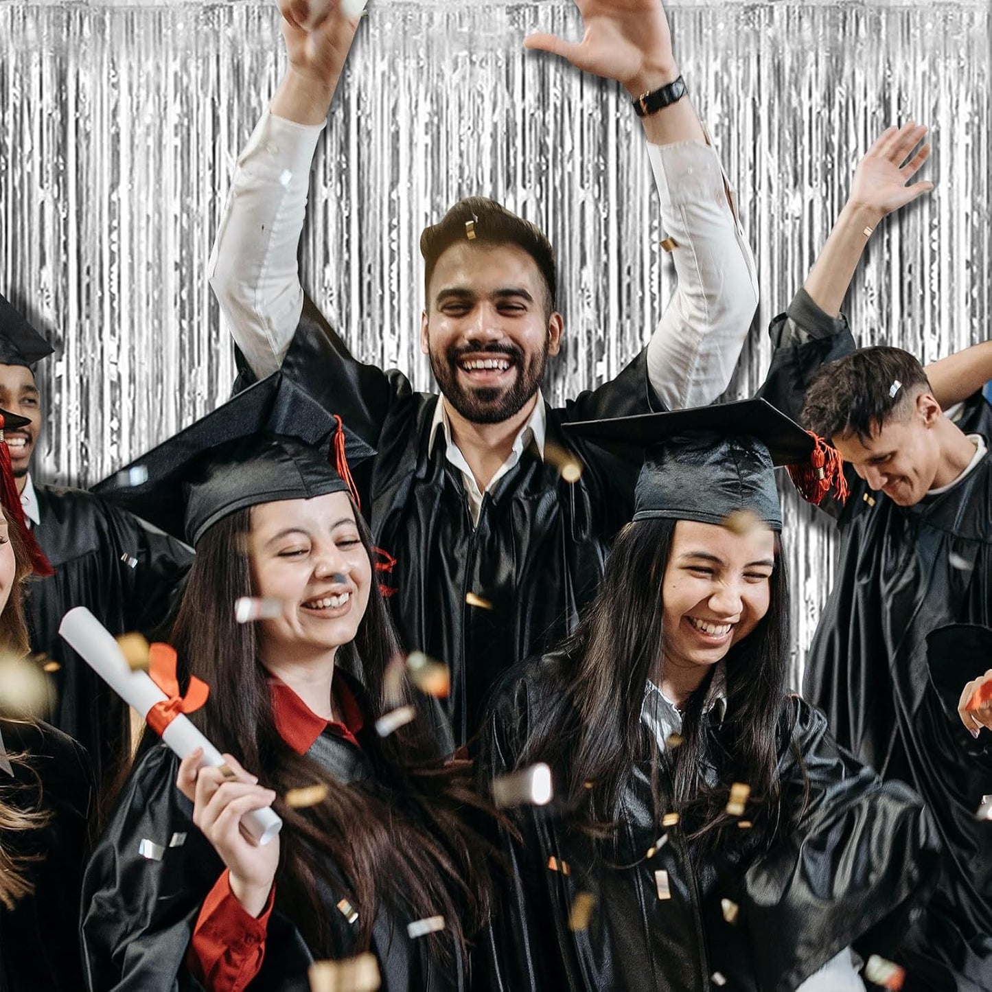 5 Pack Silver Backdrop Curtain Party Decorations Foil Fringe Backdrop Silver Tinsel Streamers Birthday Bachelorette New Year Christmas Wedding Baby Shower Disco Party Decorations