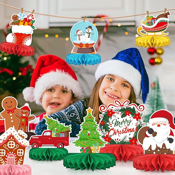 Merry Christmas Party Decorations Bundle - Includes Festive Christmas Honeycomb Centerpieces ,Santa Claus Snowman Table Toppers, Perfect for Classroom Decor, Christmas & Winter Birthday Party Supplies
