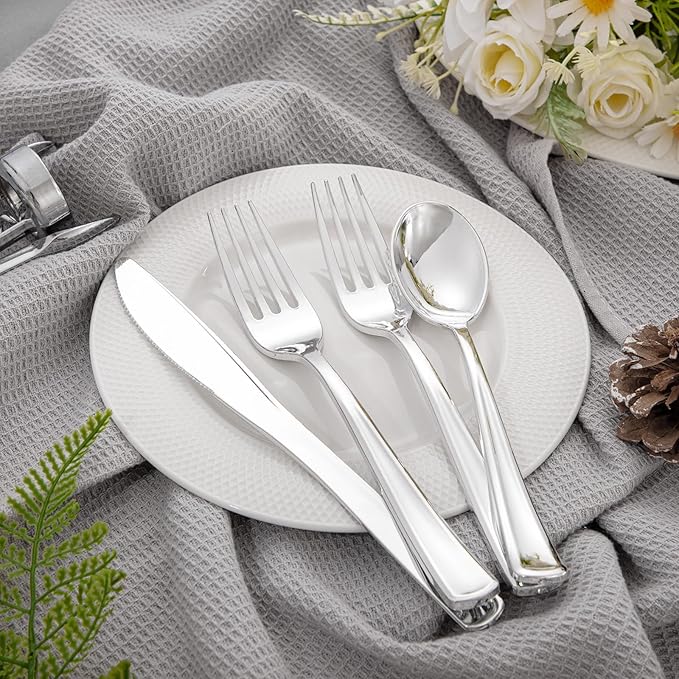 Liacere 100 Pack Silver Plastic Silverware-Pre Wrapped cutlery and Napkin-Pre Rolled Silverware Disposable 100 Forks, 100 Knives 100 Spoons, 100 Napkins Plastic Utensils&Christmas&New Year