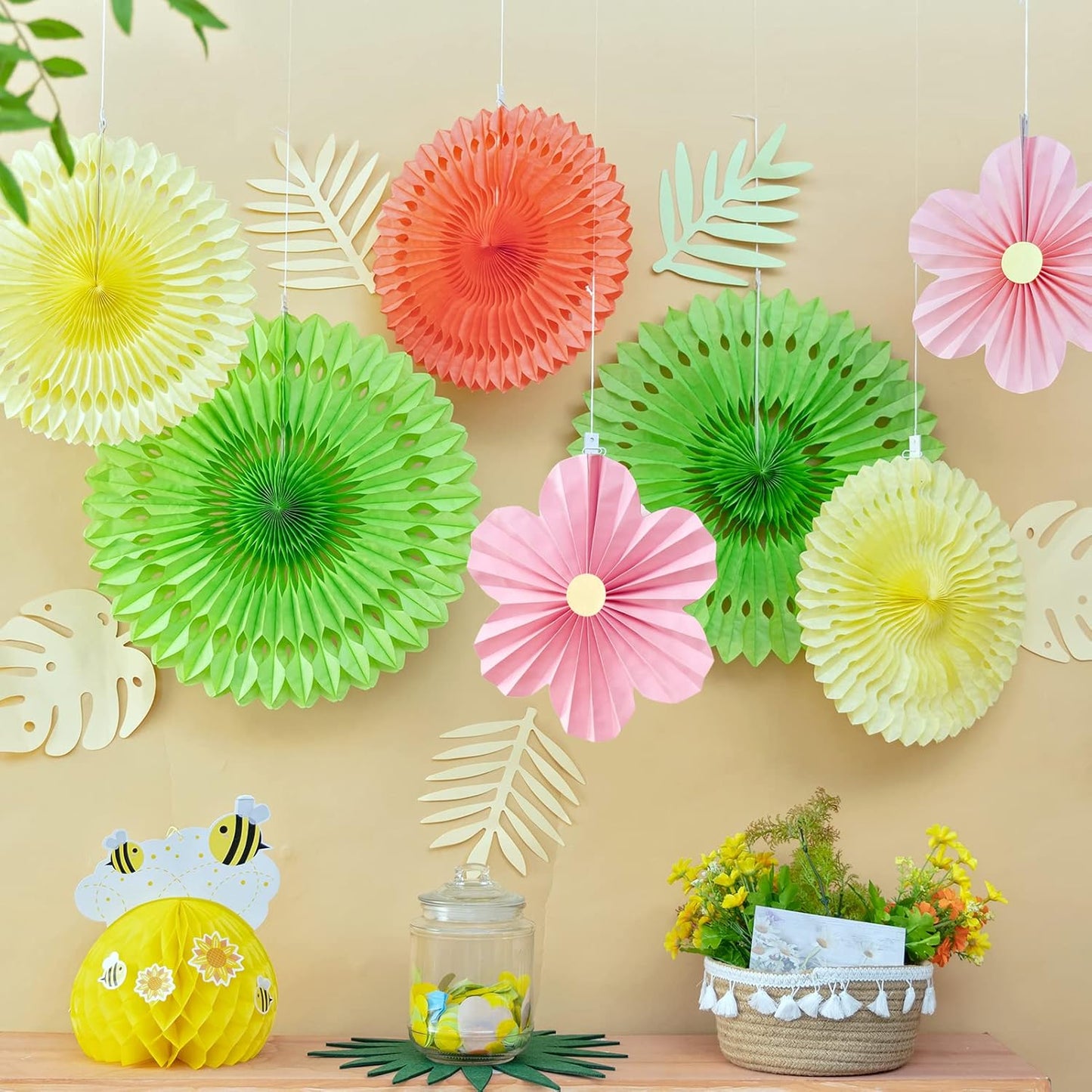 SUNBEAUTY Paper Flowers Pink and Green Party Decorations Hanging Fans Spring Summer Decor for Wall Wedding Backdrop Bridal Shower Birthday - 9Pcs