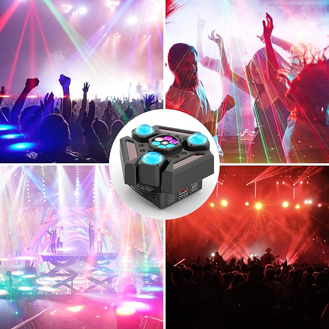 4PCS 180W 3-Head Moving Head Light 9 Beam Stage Light with Remote Control Sound Activation & DMX Control for DJ Parties Wedding Home Theater Small Venue Lighting