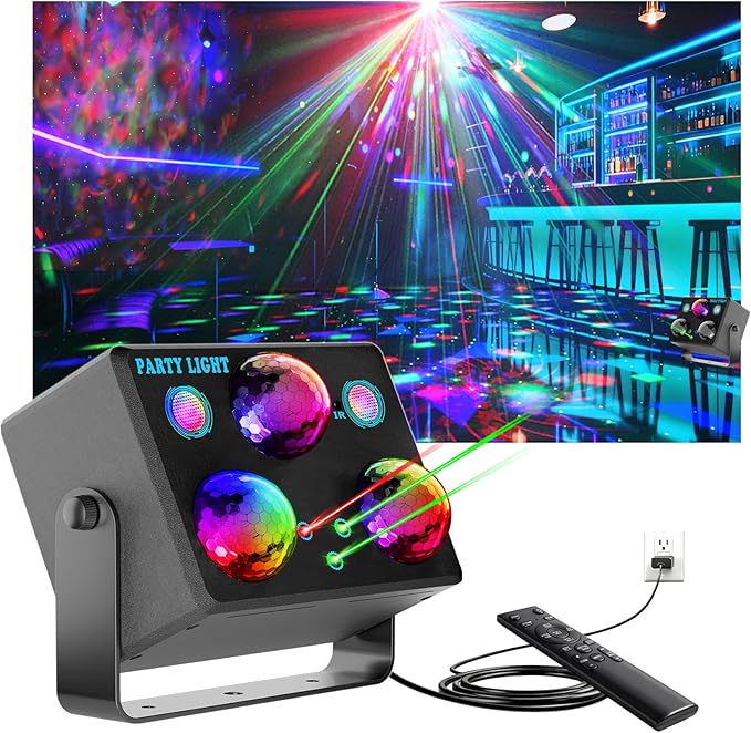 6-in-1 Disco Ball Party Lights with Sound Activation & Remote Control: Multi-Effect Lighting with Star Projector, Ocean Wave and LED Strobe for Home, Christmas, Birthday, Wedding, Bar and Club
