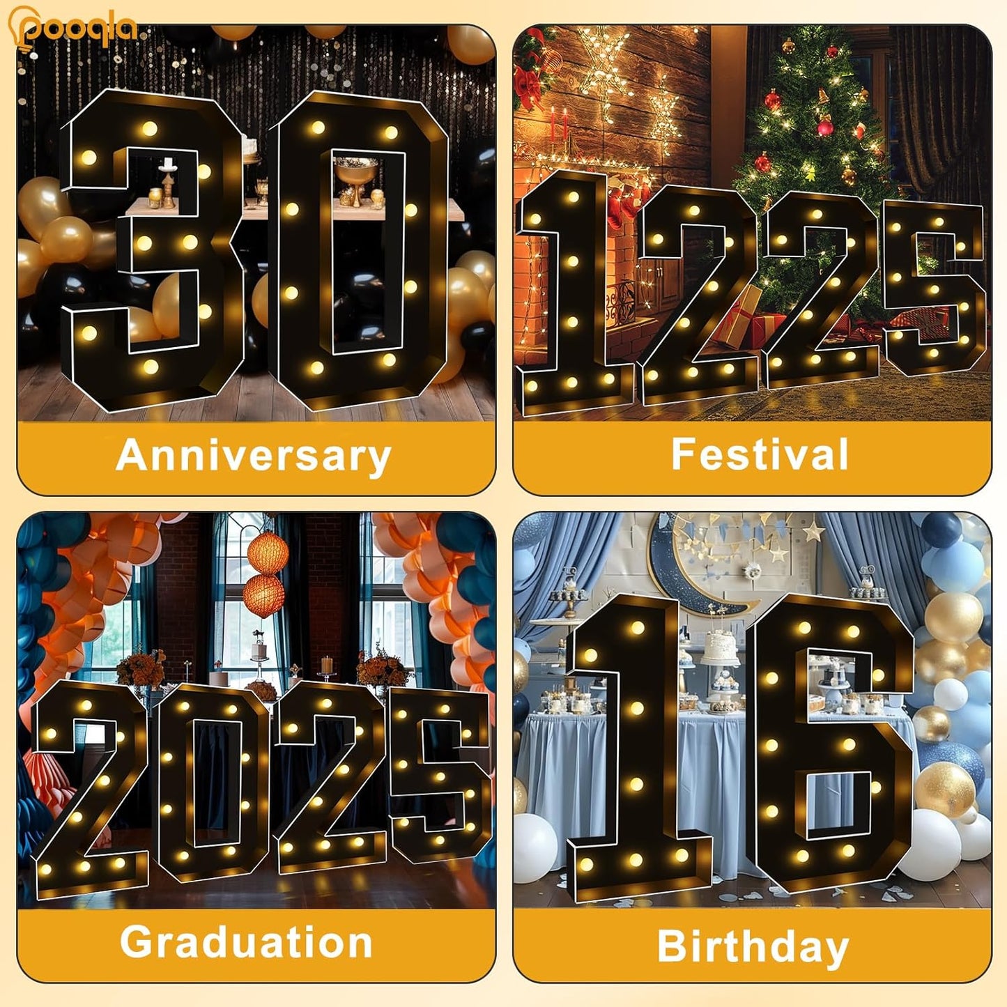 Pooqla 3FT Marquee Light Up Numbers, Black Lighted Party Decor for her him Women Men, Giant Mosaic Light Up Numbers for 6th 16th 60th Birthday Anniversary Decoration, Number 6