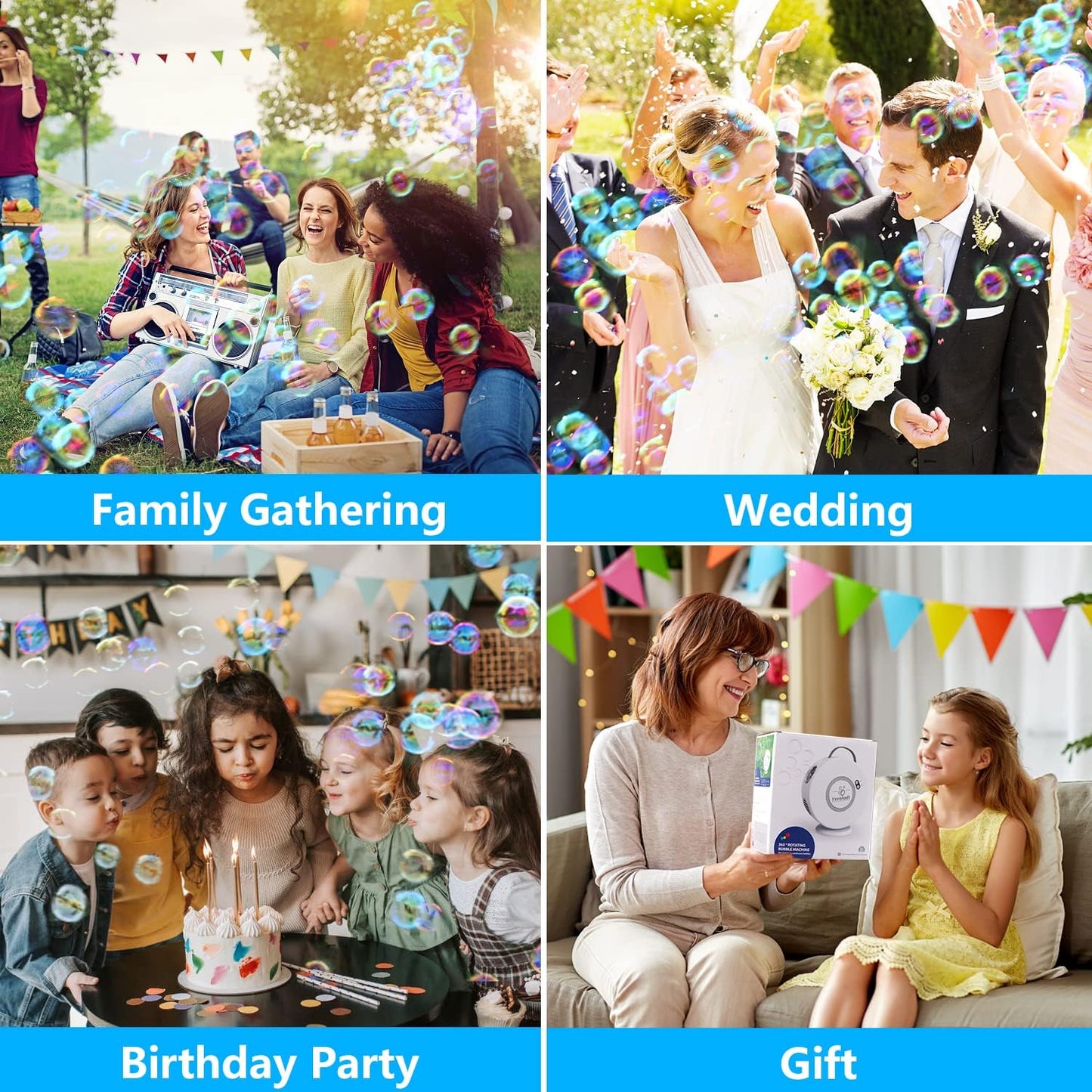 Bubble Machine for Kids Toddlers,Automatic Bubble Blower Rechargeable, 90° 360° Auto Rotatable Portable Bubble Maker Electric Bubbles Toy for 3 4 5 6 7 8 Year Old, Outdoor Wedding Party Gifts