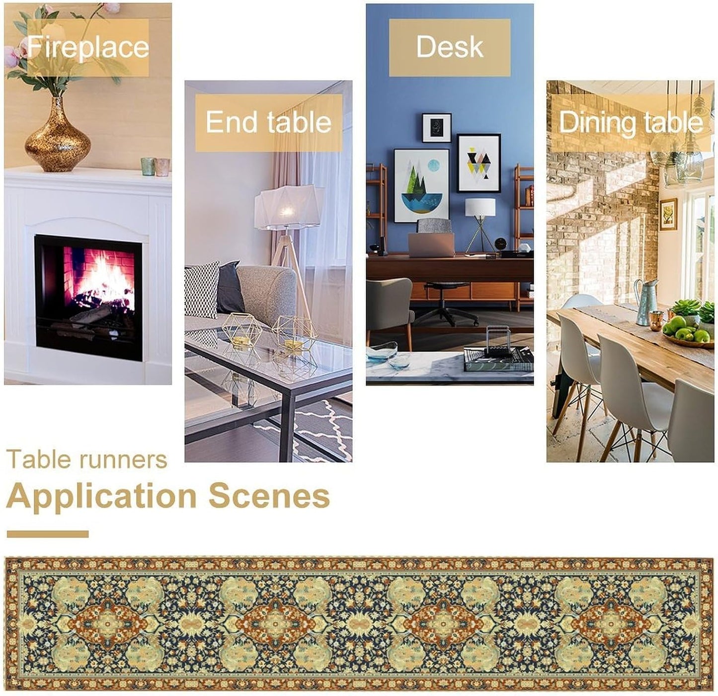 Vintage Boho Floral Table Runner, Elegant Luxurious Rustic Country Farmhouse Navy Blue Gold Retro Flower Pattern for Home Kitchen Table Decor Dining Coffee Room Party Decor 13x60in