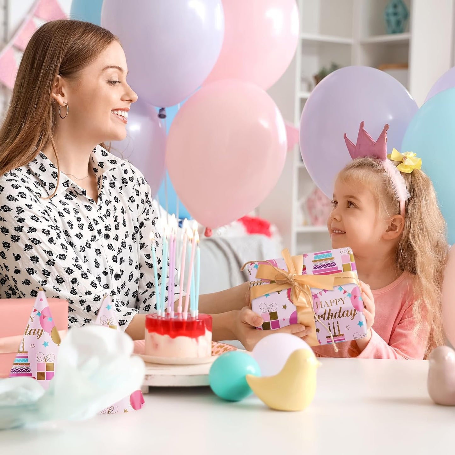 Aimyoo Pink Birthday Wrapping Paper Roll - 17 Inch X 16.4 Feet - Gold Foil Celebration Cake, Balloon, Happy Birthday Lettering Design Gift Wrap for Kids, Baby Showers