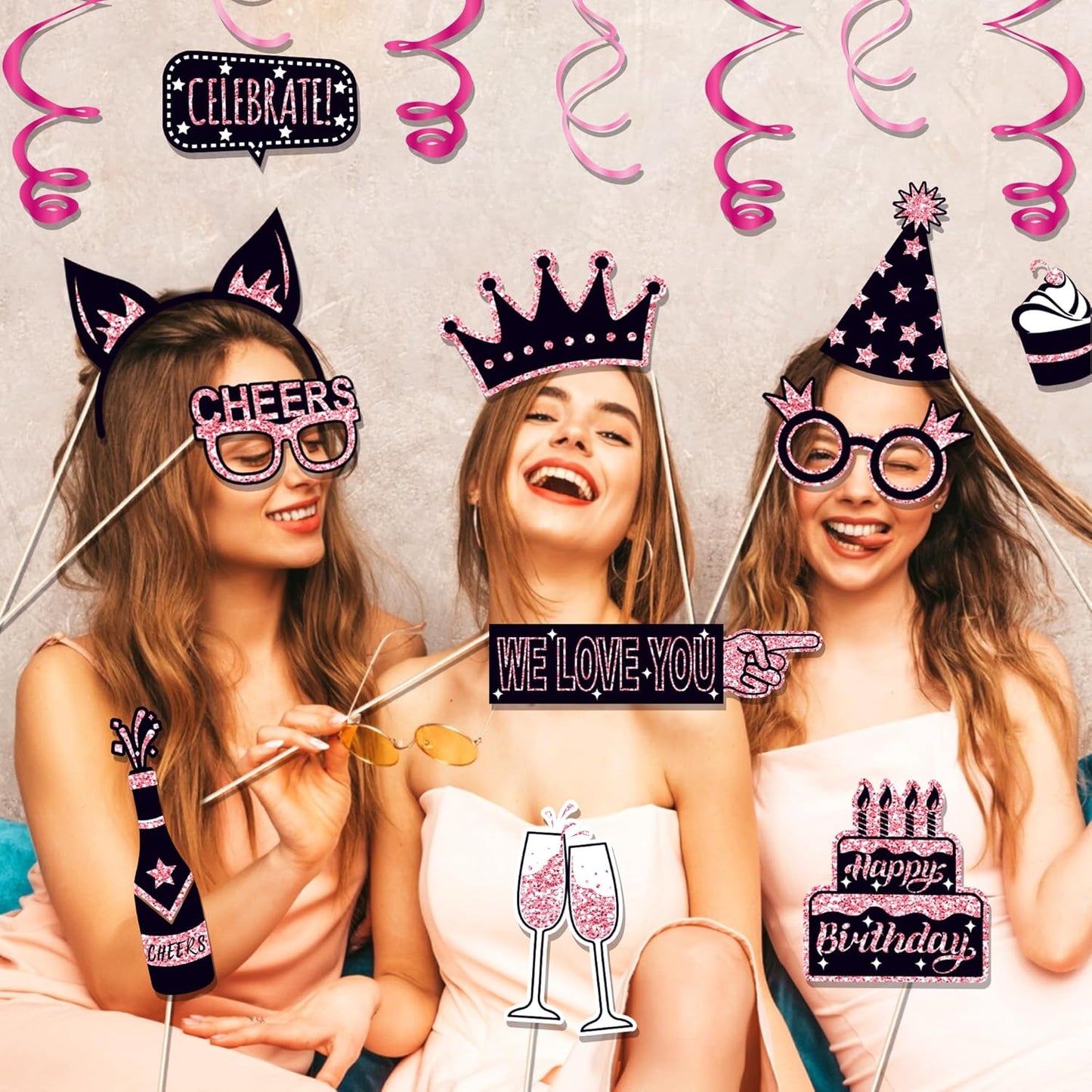 36 PCS Birthday Photo Booth Props Party Supplies Holiday Picture Decorations Photo Booth Props for Birthday Party Favors Pose Sign Kit Fun for Party (Black and Pink)