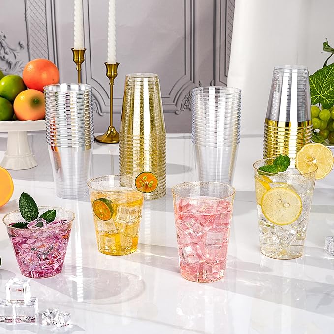 50PCS 9oz Glitter Plastic Cups for Party, Disposable Gold Cups, Plastic Cocktail Glasses for Wedding Thanksgiving, Christmas, and Parties