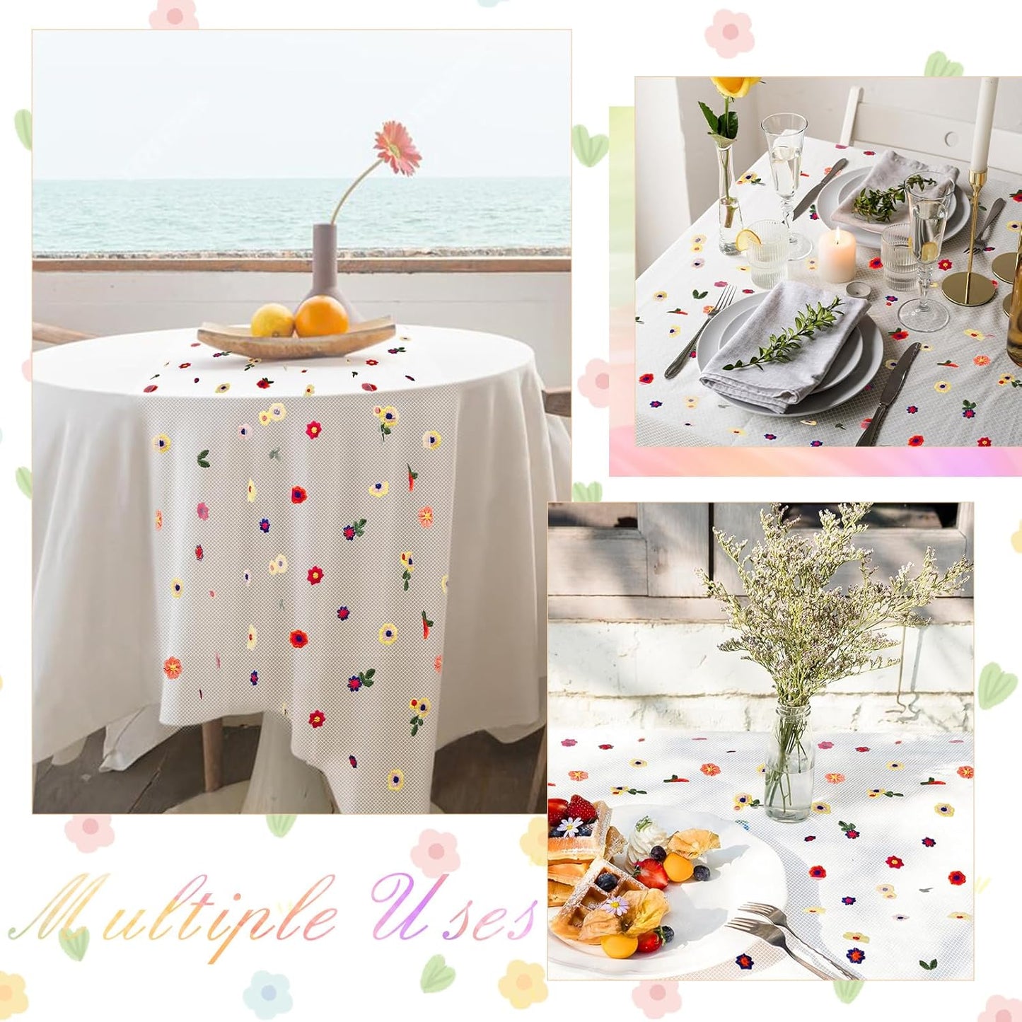 BINBE 1pcs Ivory Daisy Fall Table Runner Embroidery Gauze 10FT Florals Seasonal Tulle Holiday Birthday Kitchen Dining Table Decor for Home Party