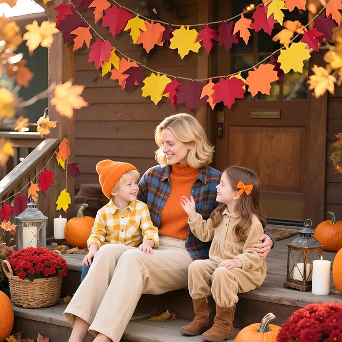 Fall Maple Leaves Garland Fall Decorations for Home Autumn Leaves HangingMaple Leaf Banner Orange Yellow Leaf Decor for Fall Harvest Thanksgiving Party Home Fireplace Wall Decor-2Pcs