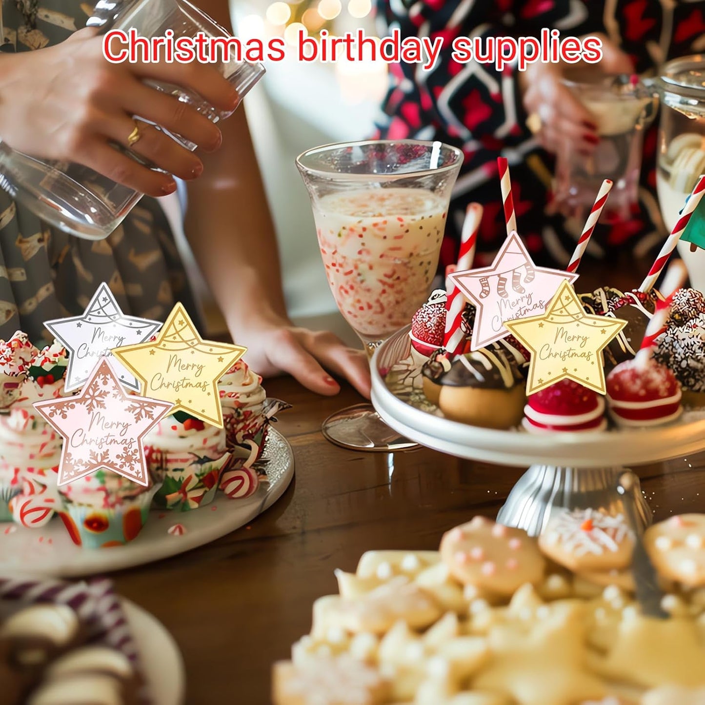 36 Pcs Merry Christmas Acrylic Cupcake Toppers Acrylic Mirror Star Xmas cupcake picks New year Party Cake Decorations