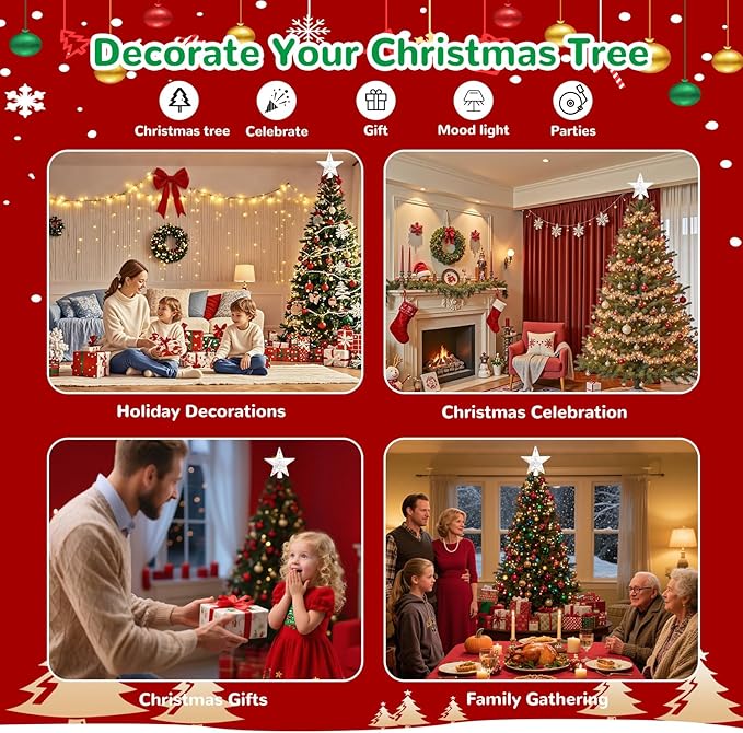 Christmas Tree Topper Star: Lighted with 6 Projected Patterns Snowflake Projector Lights-3D Hollow Glitter LED Magic Rotating Light for Christmas Tree Decorations Ornament Silver