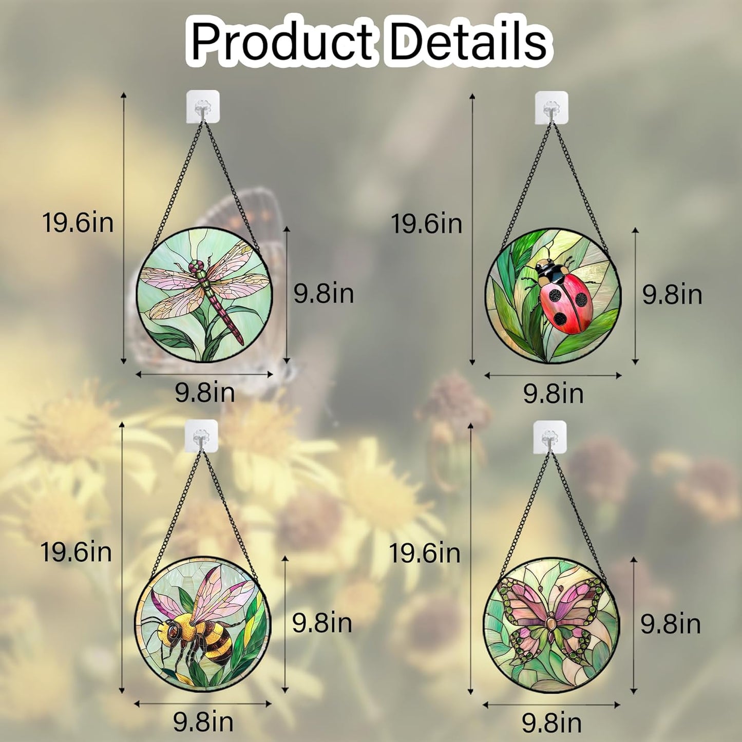 Stained Glass Window Hanging 4 Pcs Set Pink Green Insect Theme 9.8" - Butterfly Suncatcher Door Garden Sun Catcher Decor Birthday Christmas for Mom Woman Nana Men