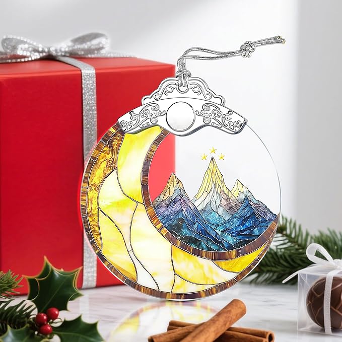 Christmas Ornaments: Stained Glass Ornament, Christmas Tree Ornament, Hanging Ornaments for Home Decor & Xmas Tree Decorations – Holiday Decor, Holiday Present - Mountains & Moon