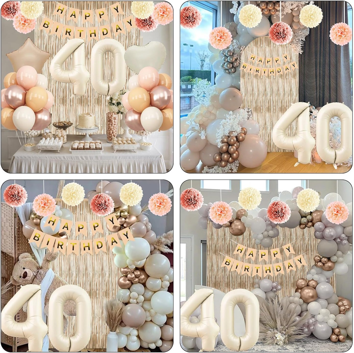 Beige 40th Birthday Decorations for Women Cream Number 40 Balloon Nude Gold Happy Birthday Banner Fringe Curtain Paper Pom Poms Blush White Sand Champagne Star Foil Balloons Neutral Boho Party Decor
