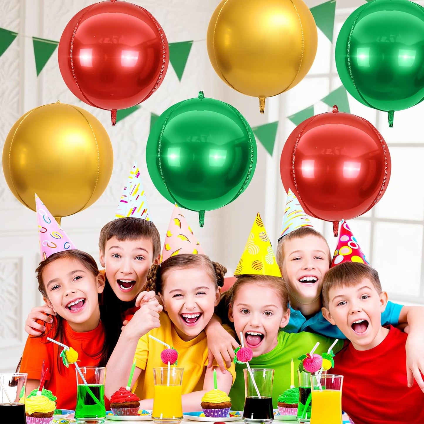 6Pcs Red Green Gold Round Foil Balloons,Giant 4D Round Ball Balloon,22 Inch Balloons for Christmas Birthday Wedding Baby Shower Party Decoration