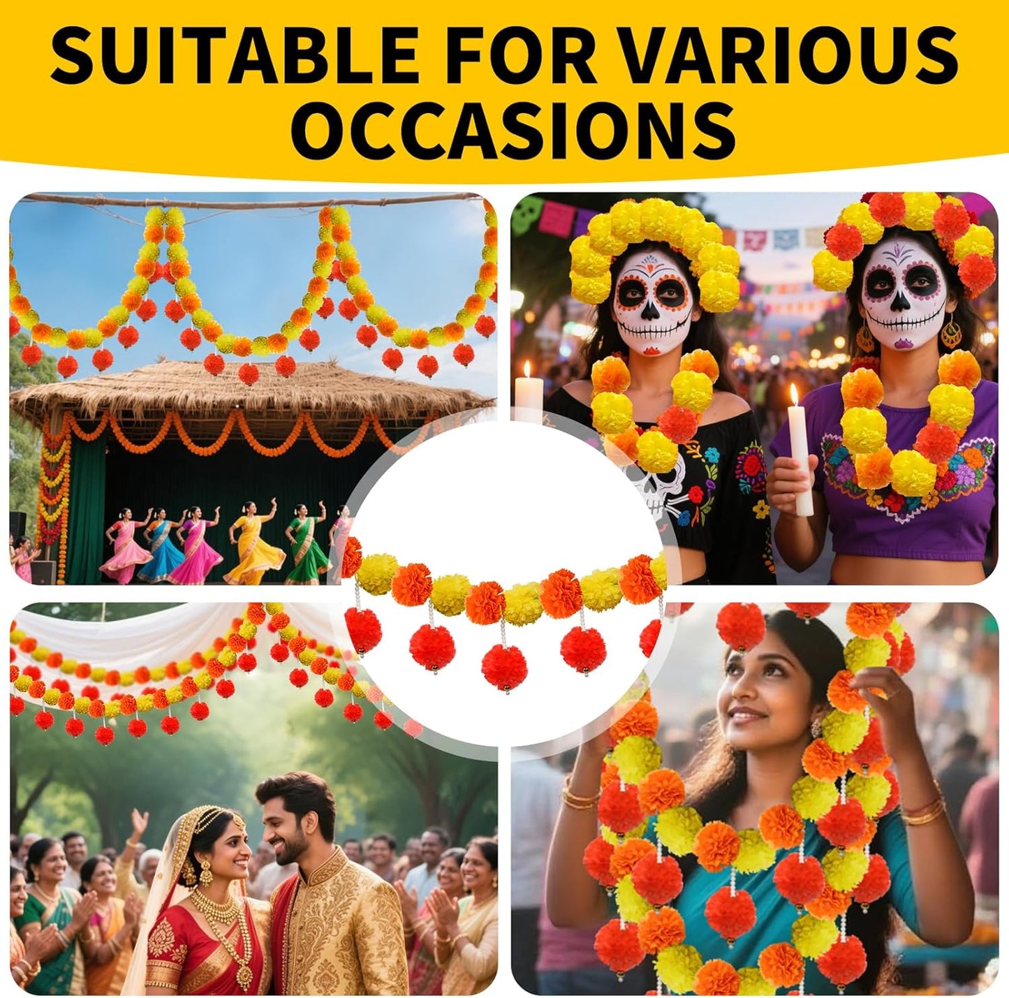 5 Pcs Diwali Artificial Marigold Garland with Pearls Decor, 4.5 Feet Artificial Marigold Flowers for Indian Pooja Diwali Home Mantle Decor Long Strands for All Year Decoration (Yellow&Orange&Red)