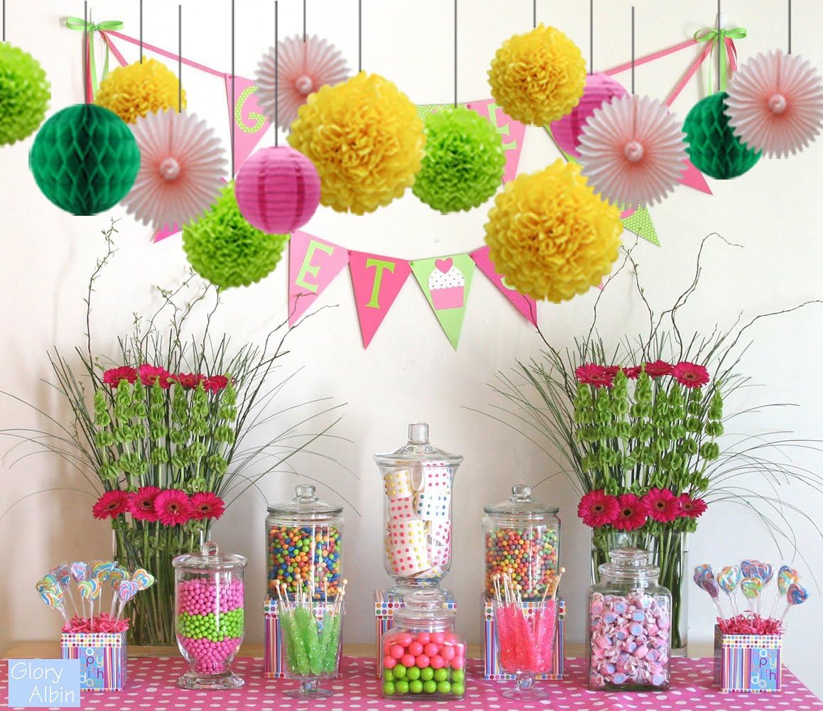 Party Decorations Kit Hanging Paper Fan Tissue Pom Poms Flowers Honeycomb Balls Paper Lantern for Trial Baby Shower First Birthday Bridal Shower Summer Decorations Hawaiian Luau Beach Supplies