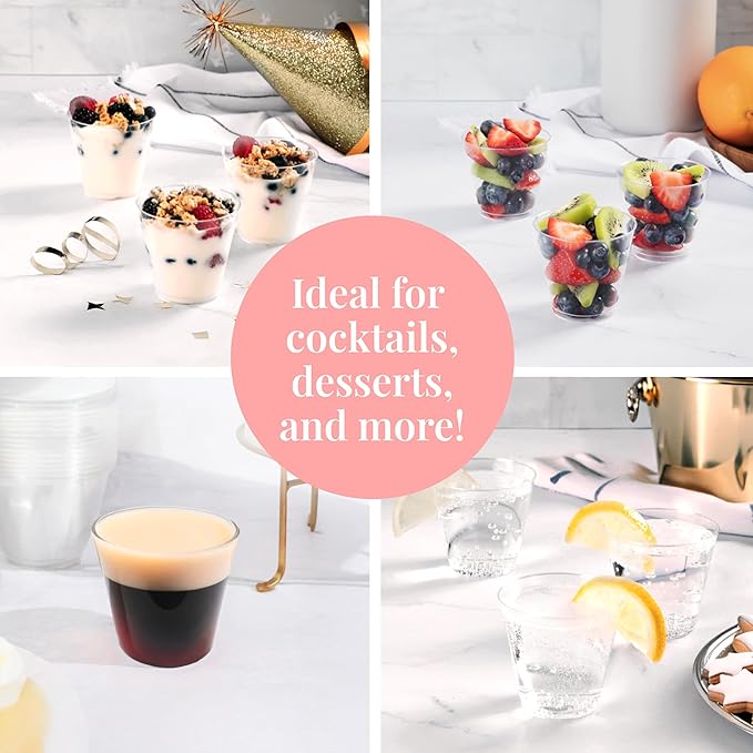 Prestee Disposable Shot Glasses 1 oz - 100 Pack Clear Plastic Shot Glasses for Party, Mini Jello Shot Cups, Small Plastic Cups for Tastings, Condiments, Snacks, and Cocktail Sampling