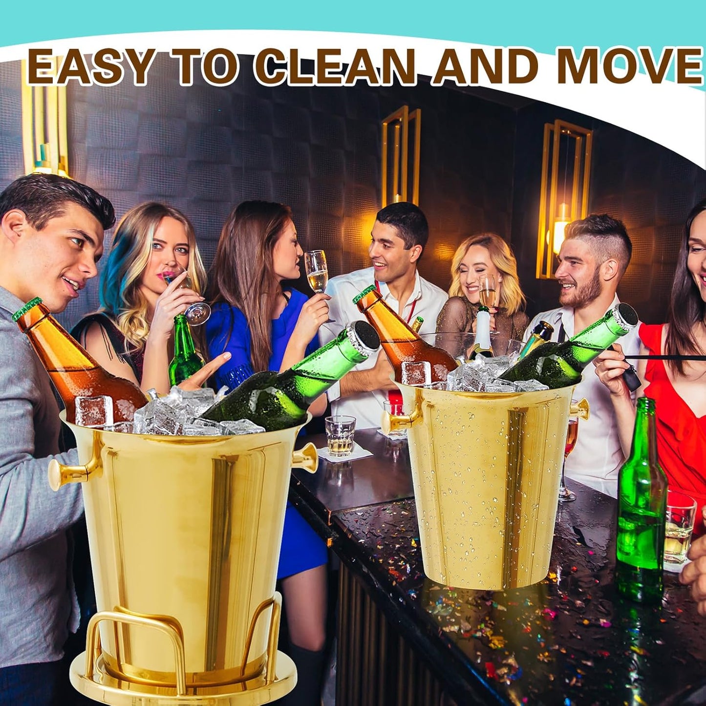 Lallisa 2 Pieces Wine Ice Bucket with Stand Stainless Steel Standing Champagne Ice Bucket Cube Container on Stand for Beer KTV Club Bar BBQ Wedding 35.8in 5L (Gold)