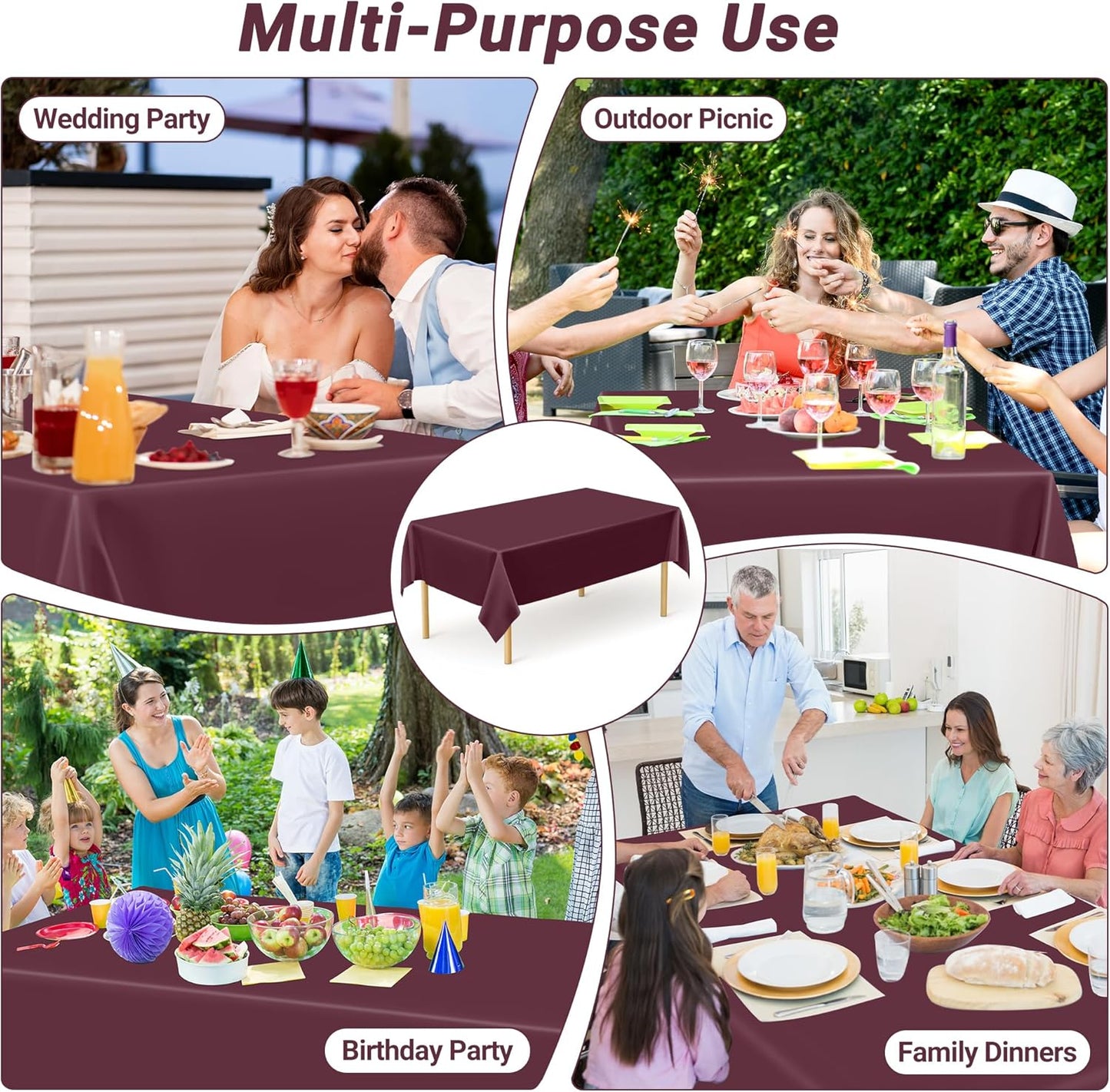 4 PCS Wine Table Cloth Rectangle Table, 54 x 108 Inches Waterproof Plastic Table Cloth Disposable, Picnic Table Cover for Baptism, Picnic, Restaurant, Wedding decor, Fits Rectangle and Round Tables