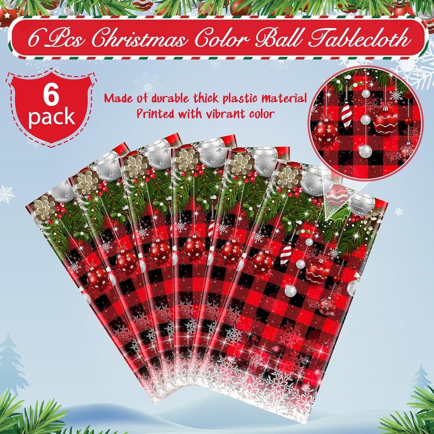 6Pcs Christmas Buffalo Plaid Snowflake Tablecloths,Plastic Red and Black Checkered Rectangle Christmas Tree Color Ball Table Cover for Winter Christmas New Year Holiday Party Decorations,54x108 inch
