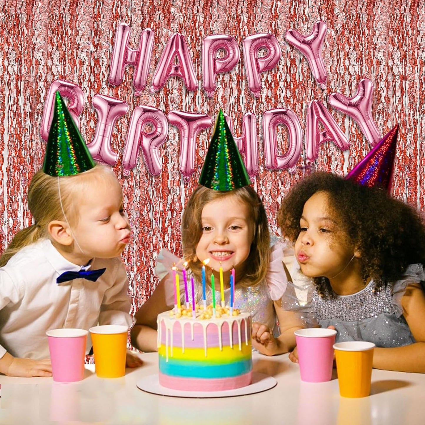 Rose Gold Tinsel Foil Fringe Curtains Wavy Backdrop for Parties Sparkle Metallic Wavy Foil Fringe Backdrop Curtain Photo Booth Props Birthday Graduation Wedding Bachelorette Party Decorations