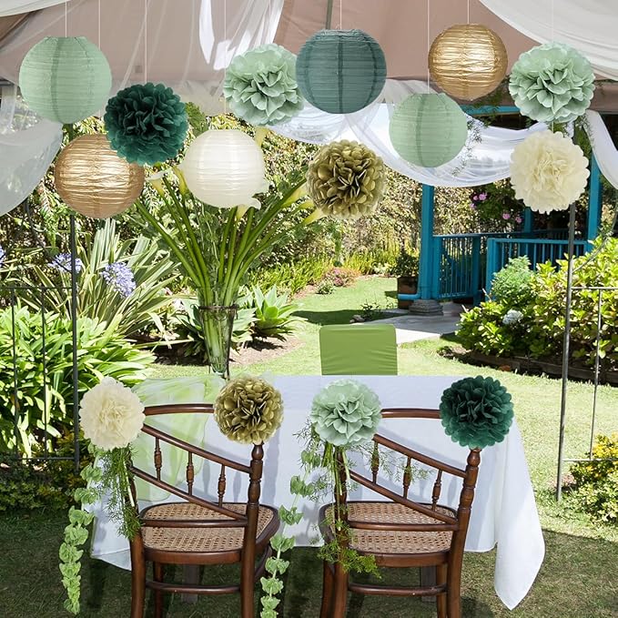 Sage Green Party Decorations, Paper Lanterns and Pom Poms Flowers for Birthday Party Baby Shower Wedding Shower Decor Gold/Ivory/Sage Green 15pcs