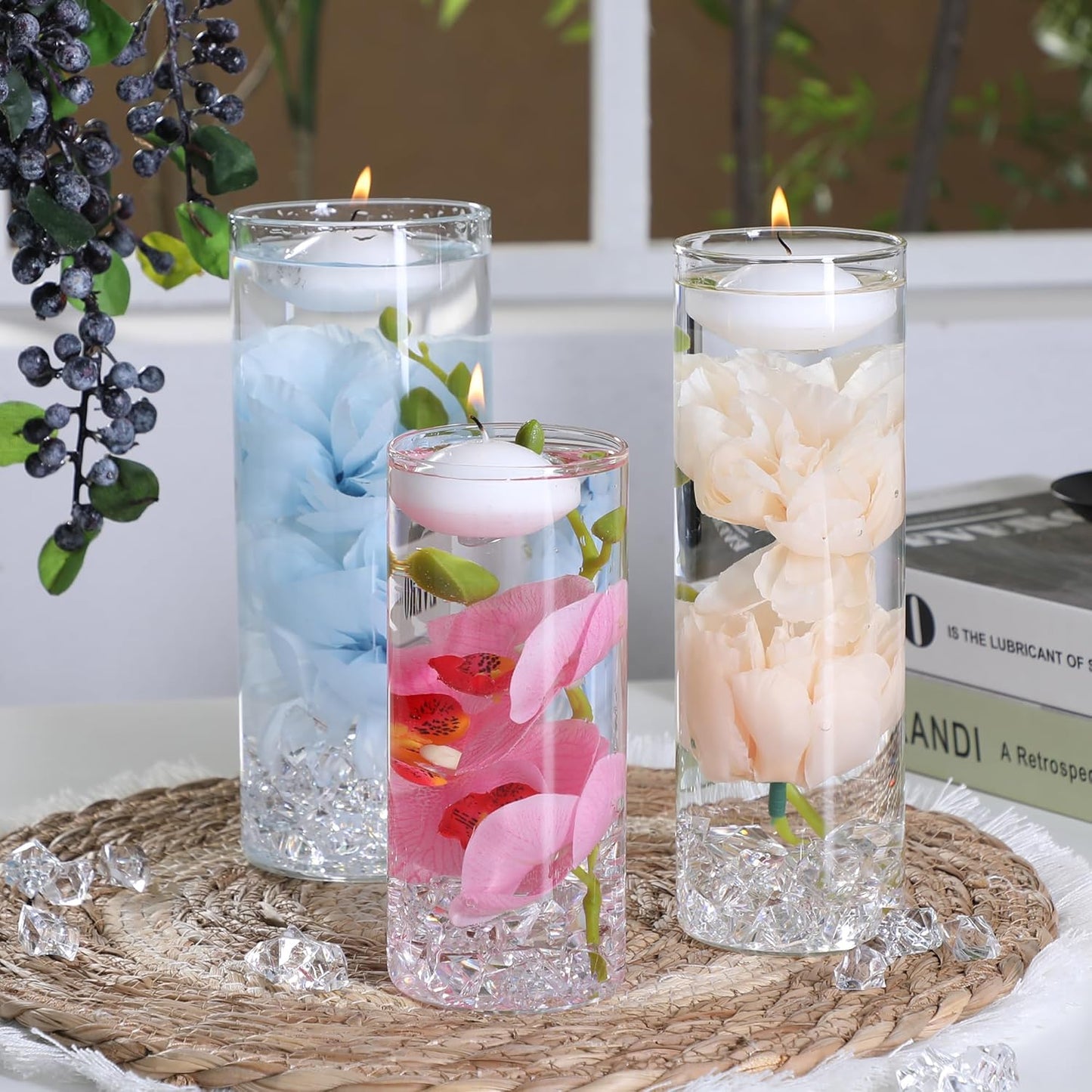 4 PCS Glass Vases for Centerpieces with 5 White Floating Candles 100 Fake Ice Acrylic Rocks Vases Fillers for Party Table Wedding Home Centerpieces Decoration