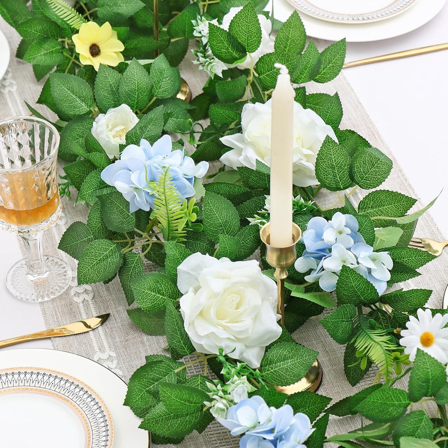 Dremisland 2PCS Artificial Rose Vine Fake Flower Garland 6FT Faux Silk Rose Hanging Vine Floral Garland Daisies Hydrangeas Ivy Vines for Wedding Party Wall Arch Garden Background Decor