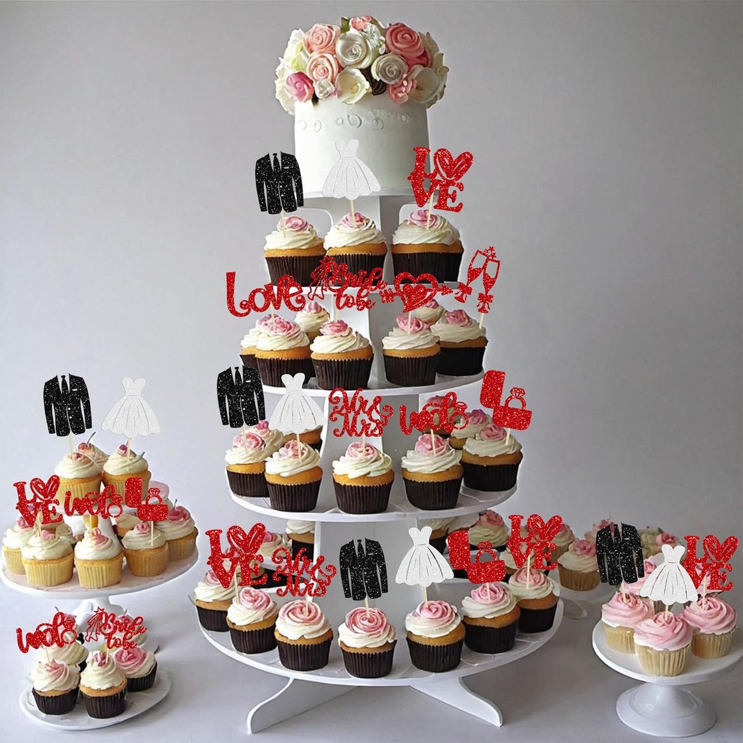 Ephlyn 30Pcs Bride to be Cupcake Toppers Glitter Wedding Cake Topper Decorations I Do Love Heart Ring Cupcake Picks for Bridal Shower Wedding Engagement Party Supplies Red