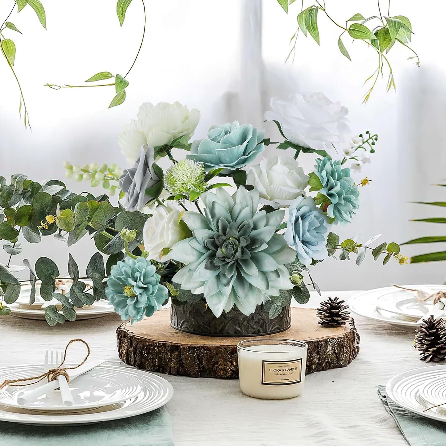 AmyHomie Teal Blue Artificial Flowers Combo Silk Mix Peony Rose Fake Flowers w/Stem for DIY Wedding Bouquets Centerpieces Arrangements Table Fall Decor Party Bridal Baby Shower Home Decorations