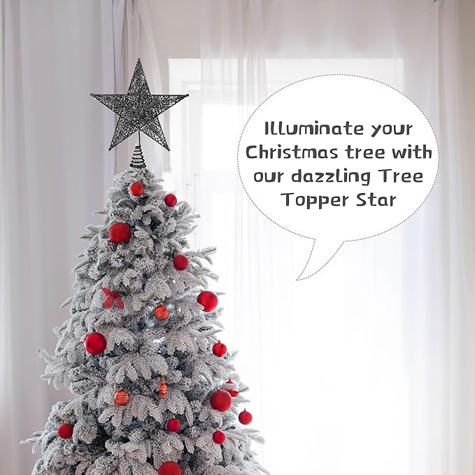 Fovths Christmas Tree Topper 6 Inches Metal Glittered Christmas Tree Topper Wire Star Treetop Sparkle Xmas Decoration for Christmas Tree Ornament Indoor New Year Holiday Party Supplies (Black)