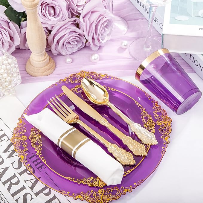 Hioasis 210pcs Purple and Gold Plates - Purple Party Plates for 30 Guest, Include 60 Heavy-duty Plates(20% Thicker Than Standard), 30 Pre Rolled gold Plastic goldware Set, 30 Cups