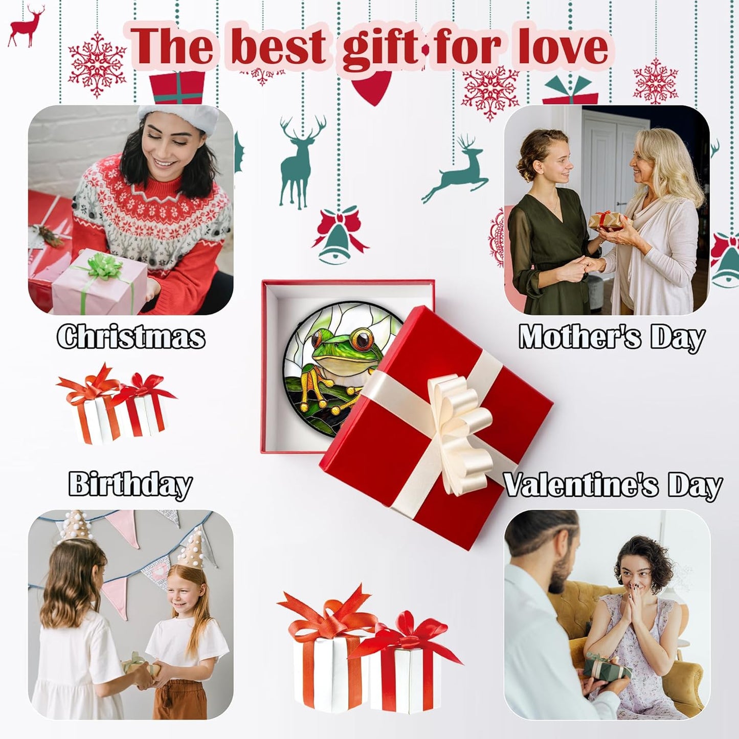 Stained Glass Window Hanging, Green Frog White Petals Sun Catchers Colorful Glass Panel Cute Suncatcher Decor for Birthday for Women, Men, Wife, Aunt, and Mom 9.8 in