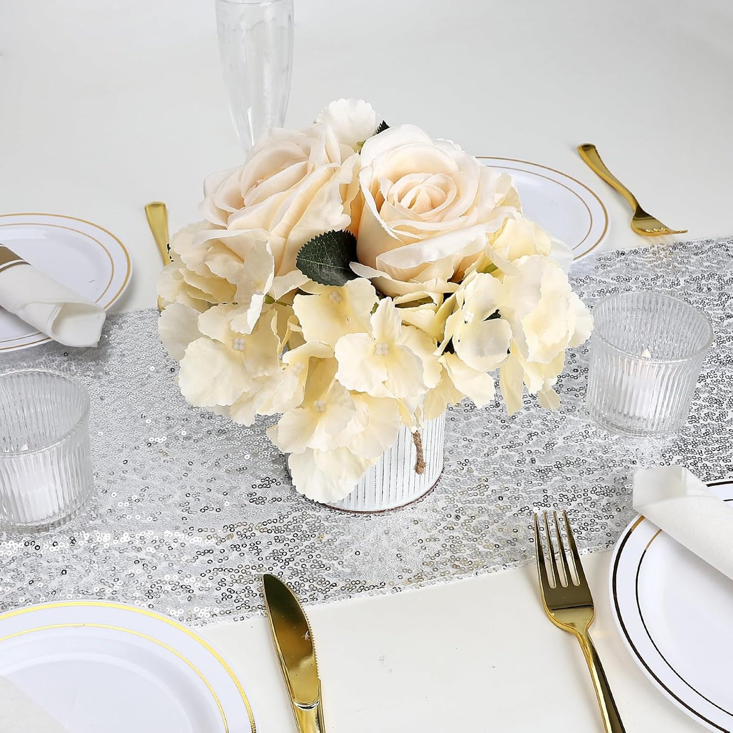 Flower Table Centerpieces - Set of 6 Floral Arrangement Artificial Wedding Hydrangeas Floral Arrangement with Rustic Metal Vase for Bridal Tea Party Event Decorations - Champagne