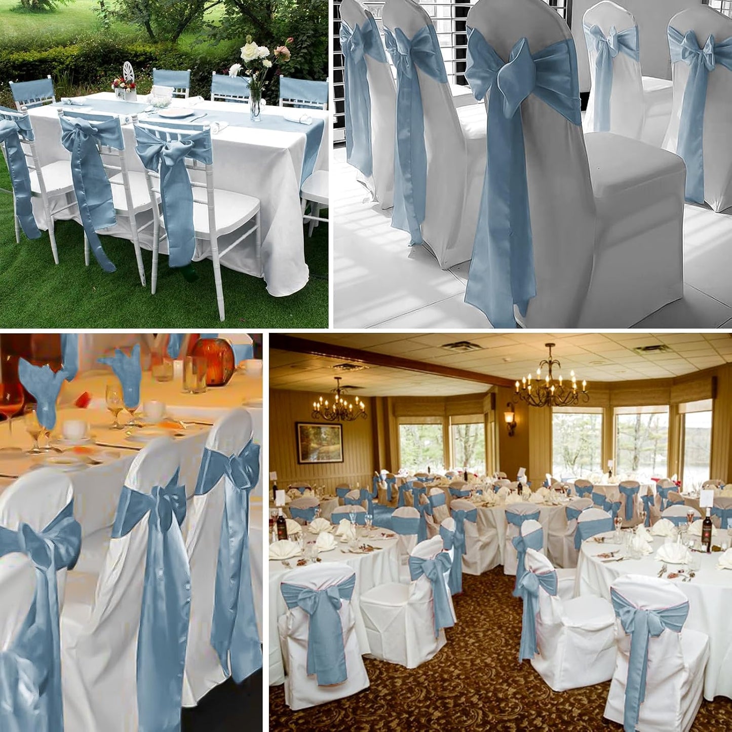 fani 60 PCS Dusty Blue Satin Chair Sashes Bows Universal Chair Cover for Wedding Reception Restaurant Event Decoration Banquet,Party,Hotel Event Decorations (7 x 108 inch)