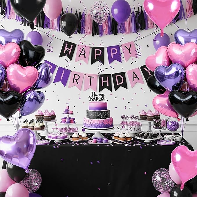 TONIFUL 30Pcs 18 Inch Black PInk Light Purple Balloons Heart Shape Foil Mylar Banners Decoration for Birthday Valentine's Day Wedding Bridal Shower Anniversary Engagement Party Supplies