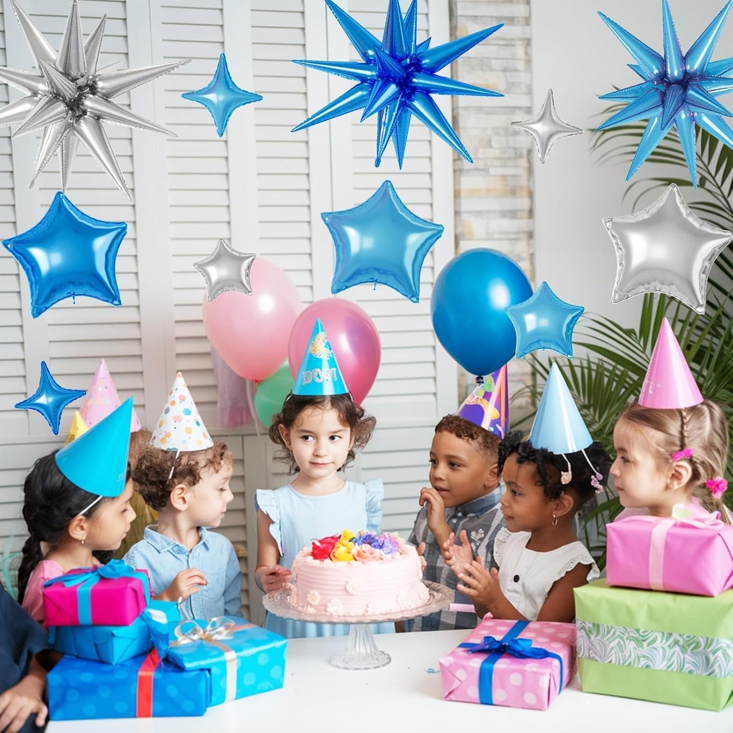 16 Pcs Blue Silver Star Balloons, 22/18/10 Inch Foil Balloons, Four-Pointed Balloon for Kids Boy Men Birthday Graduation Wedding Baby Shower Party Decorations