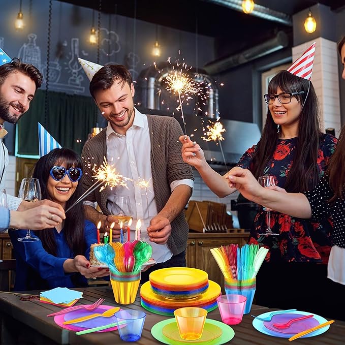 Kochorie 252 PCS Neon Party Supplies Serves 36 Including 7.5 & 10.25 In Disposable Plastic Neon Plates 9 Oz Cups Cutlery Napkins Tableware Set Dessert Cake Plates for Blacklight Party Birthday