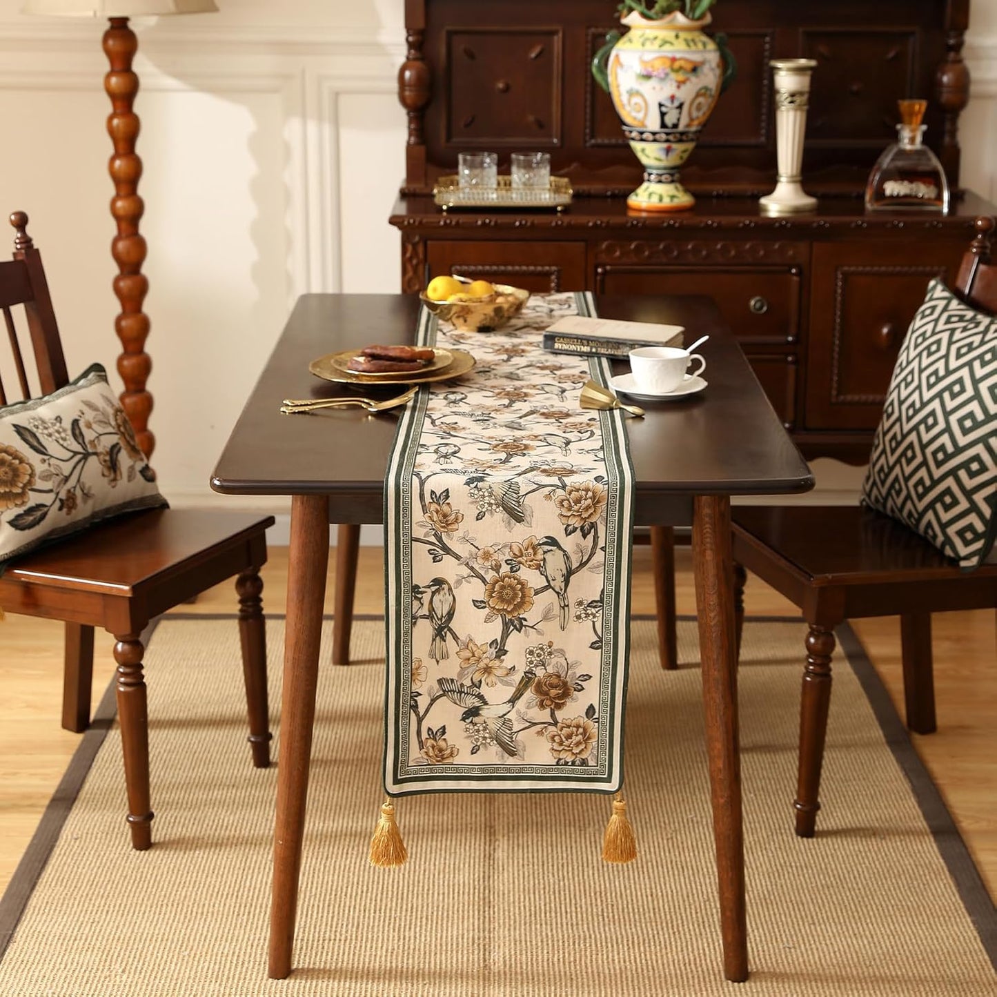 ISAENNE Designer Vintage Beige Linen Table Runner 87 Inches Long,Elegant Floral and Bird Pattern Decor Table Runners for Dining Tables,Thanksgiving,Christmas,Banquet,Party,12"*87"-Murad A