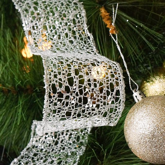 CT CRAFT LLC Silver Glitter Mesh Christmas Tree Topper Bow 11" with 4 Ribbon Streamers x 3 Yards Long Each for Holidy Elegant Fancy Home Décor Indoor