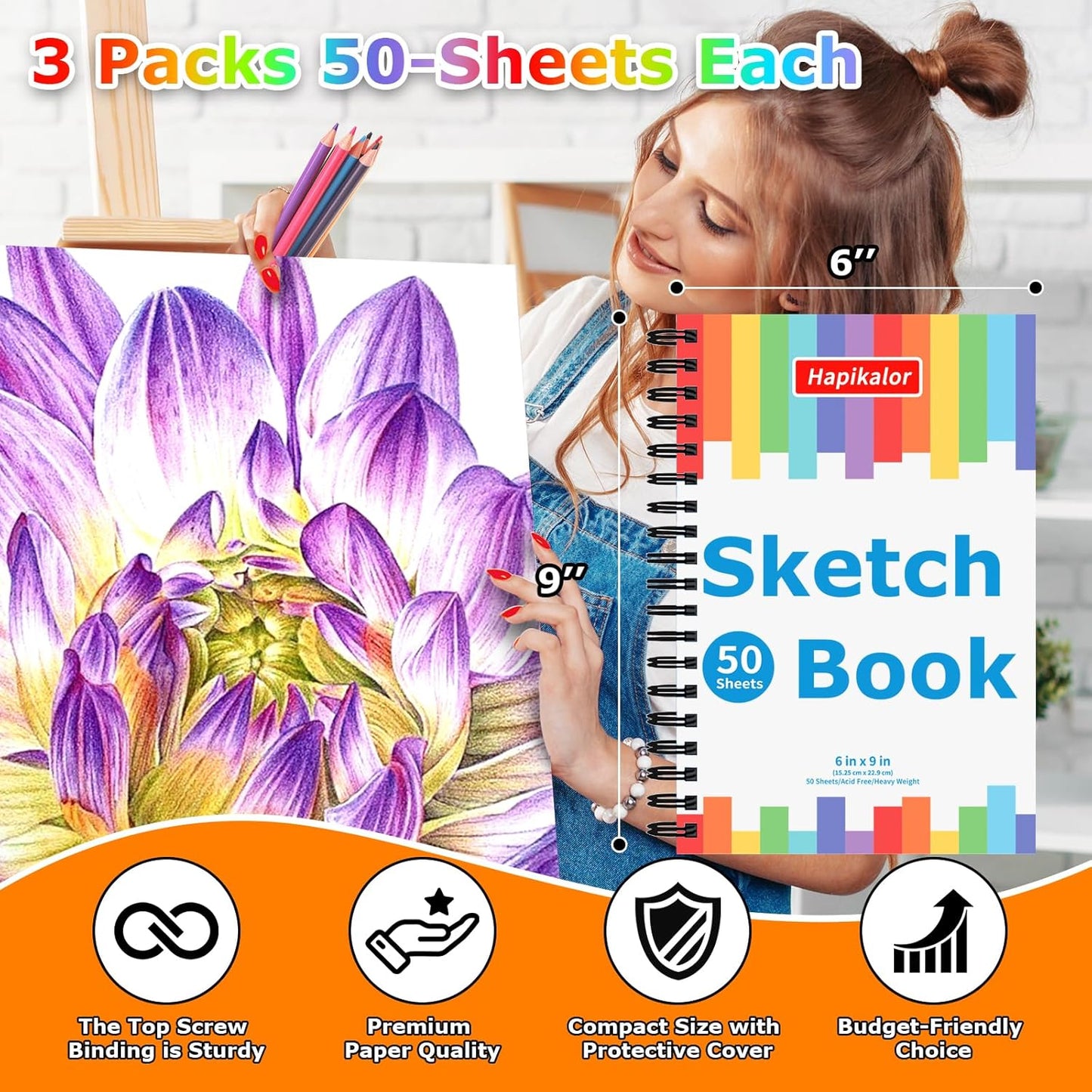 Hapikalor Drawing Pad for Kids, Sketch Pads 50 Sheets, 3-Pack Kids Travel Activities Spiral Bound Drawing Books Bulk 6" x 9 ", Drawing Paper for Kids 9-12