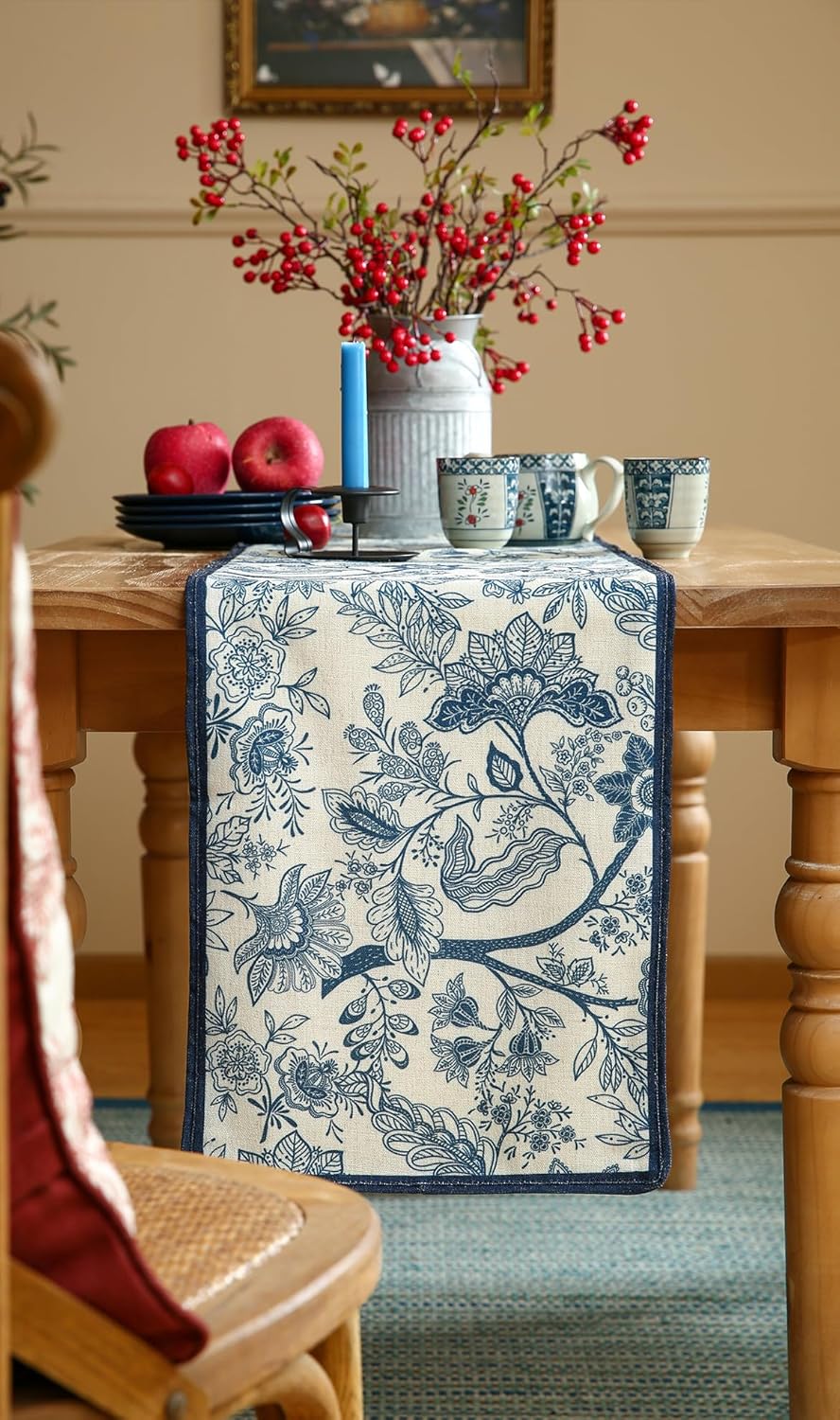 ISAENNE Designer Chinoiserie Elegant Linen Table Runner 87 Inches Long,Blue Floral Pattern Decor Table Runners for Thanksgiving,Dining Room,Banquet,Kitchen Tables,Christmas,12"*87"-Ruyi B